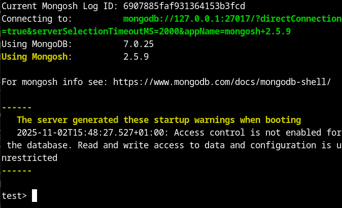 MongoDB Shell with the version in 03.11.2025. It runs as localhost in 127.0.0.1:27017