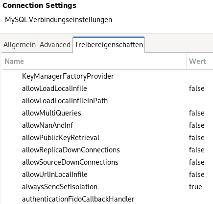 DBeaver Connection settings for allowPublicKeyRetrieval