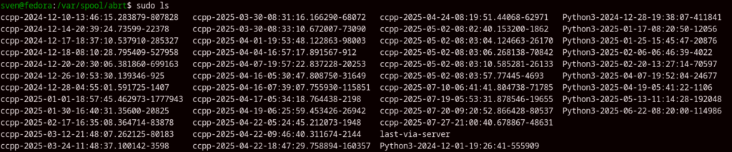 /var/spool/abrt folder inside. It contains a lof of crash files