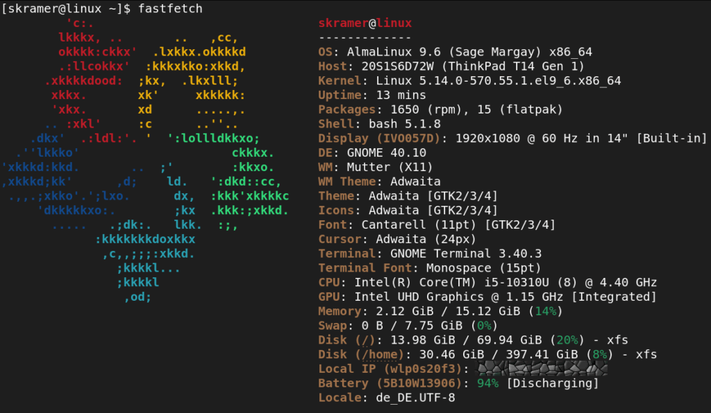 fastfetch output of my AlmaLinux 9.6