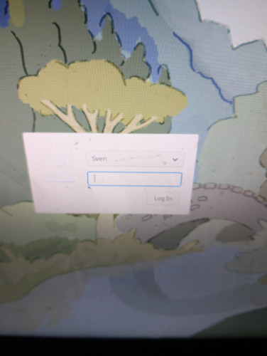 Fedora 42 einloggen, login prompt with a background of trees, a creek and a little bridge. 