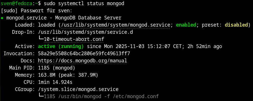 Status von MongoDB sudo systemctl status database server active running