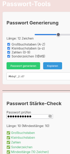 Password tool with the scroll bar, buttons and checking the password length. The text is in German.