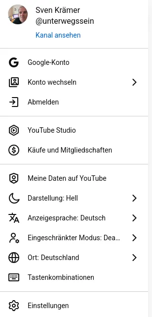 YouTube das Einstellungsmenü im Browser